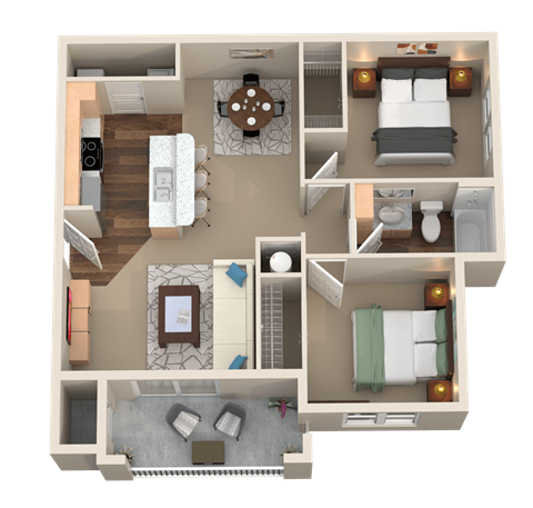 2 Bed 1 Bath 3D Floor Plan at Plantation Crossing, Lafayette, 70508